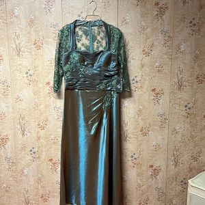 Formal green iridescent and lace maxi dress
